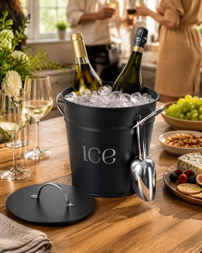 3 Qt Insulated Black Galvanized Ice Bucket with Lid, Scoop & Handles