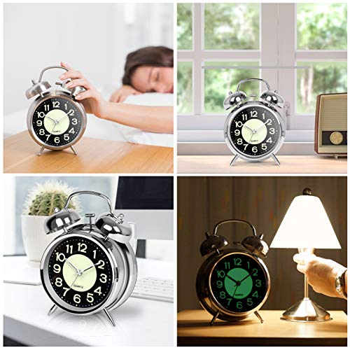 Loud Twin Bell Alarm Clock for Heavy Sleepers - 4.5" Retro Silent Metal Clock