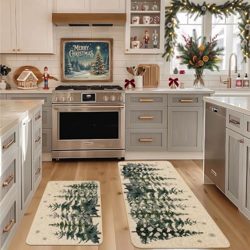 Baccessor Christmas Snowy Trees Kitchen Rugs Set of 2 17x29 & 17x47 Snow Forest