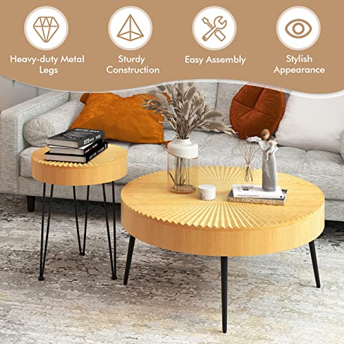 2-Piece Round Nesting Coffee Table Set with Solid Pine Wood Top