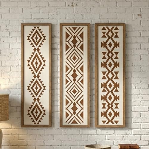 Set of 3 Aztec Wood Wall Art Panels – Geometric Boho Hanging Decor