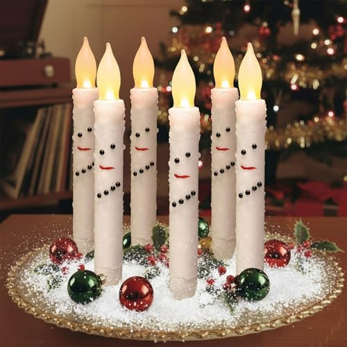 Christmas Snowman Flameless Taper Candles Set - Battery Operated Holiday Decor