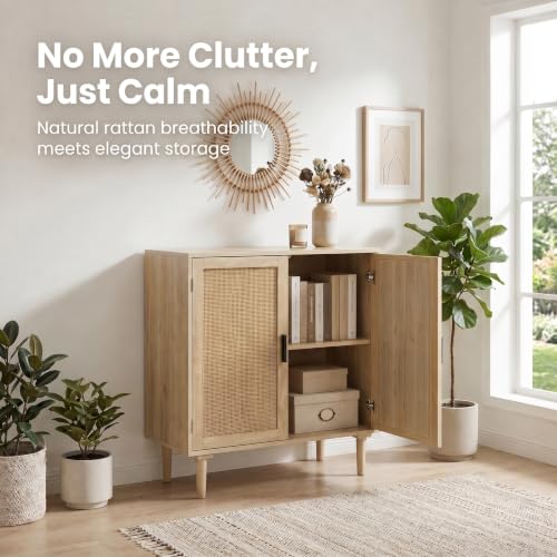 Boho Sideboard Buffet Cabinet with Rattan Doors, Kitchen Storage Console