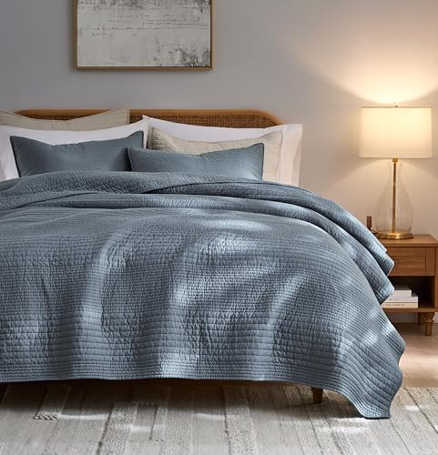 100% Cotton Queen Quilt Bedding Set - Striped Blue Grey Coverlet with 2 Shams