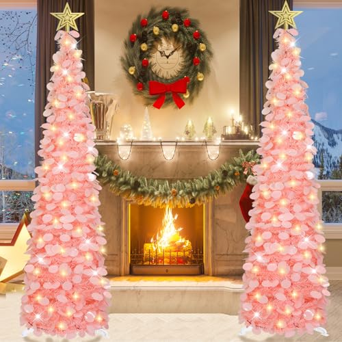 HMASYO 5ft Dreamy Pink Pop Up Tinsel Christmas Tree with Timer Lights