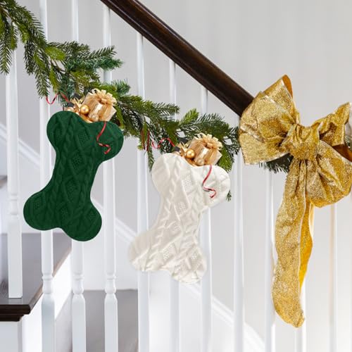 Doitory White-Green 2-Pack Large Knit Dog Christmas Stockings Bone Shape Holiday Decor