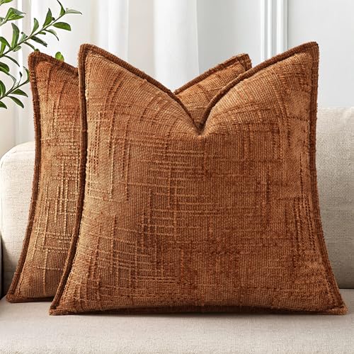 decorUhome Rust Chenille Throw Pillow Covers 18x18 Set of 2 with Flange Edges