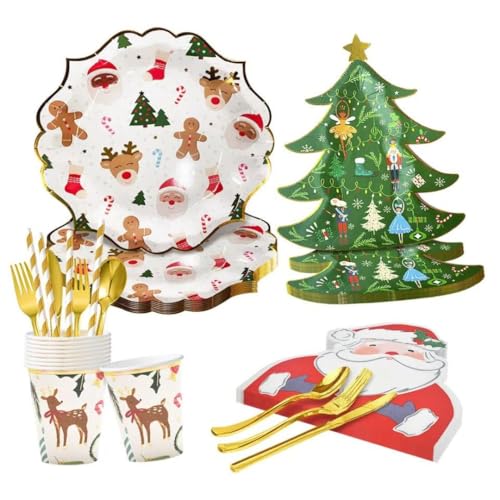 Christmas Disposable Dinnerware Set for 16 Guests - Plates, Cups, Cutlery & Napkins