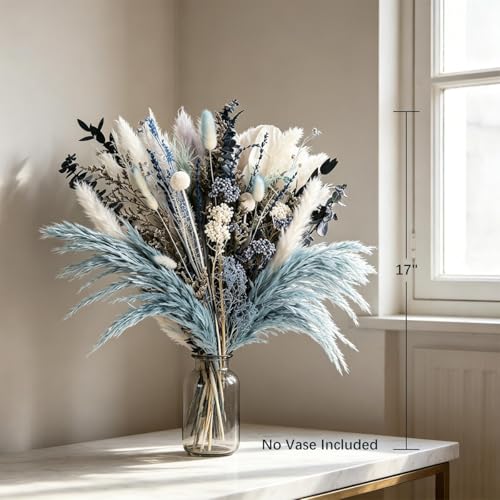 Dusty Blue Pampas Grass Bouquet - 17-Inch Dried Flower Arrangement