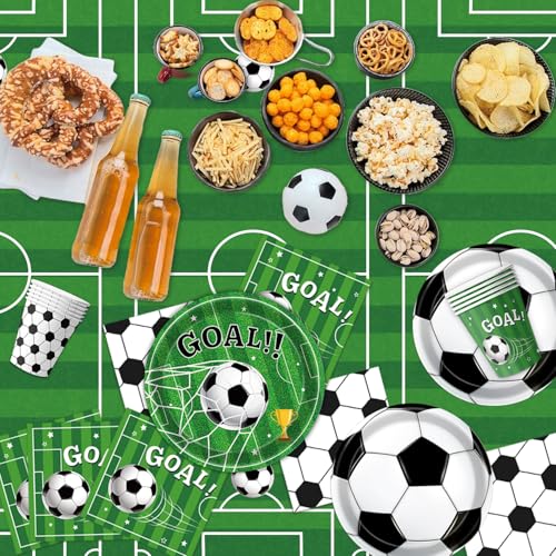 QIYANPAX Soccer Party Decorations Set - Includes Plates, Balloons, Banner, Tablecloth, Utensils for Soccer Theme Birthday Party