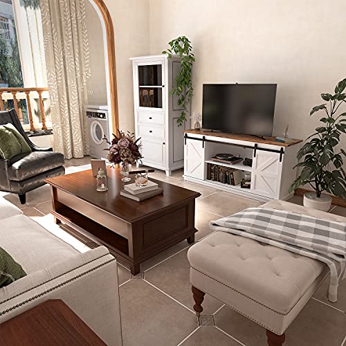 Farmhouse TV Stand with Sliding Barn Doors for 65 Inch TVs, White