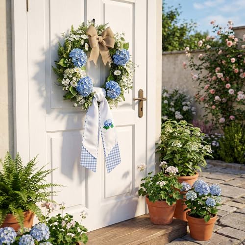 Hydrangea Wreath Sash 2 Piece Set Ric Rac Trim Front Door Decor