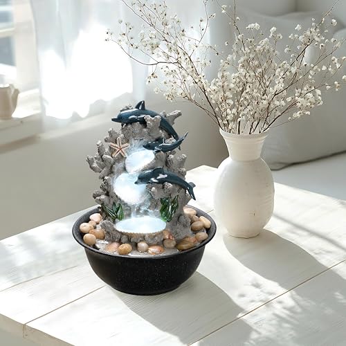 Indoor Dolphin Tabletop Water Fountain with LED Light & River Rocks