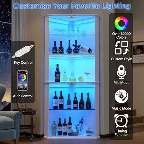 72-inch Corner Curio Cabinet with RGB LED Lights and Adjustable Shelves