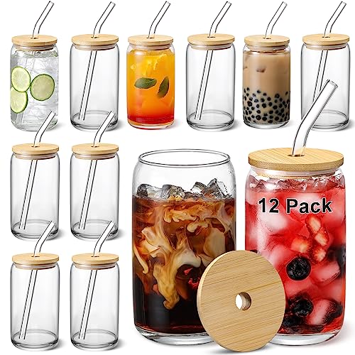 12-Piece Beer Can Shaped Glass Set with Bamboo Lids and Glass Straws