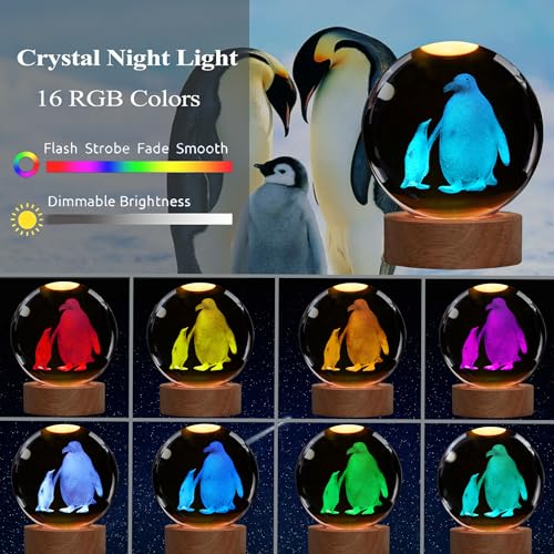 3D Penguin Crystal Ball Night Light with 16-Color LED Remote Control Base