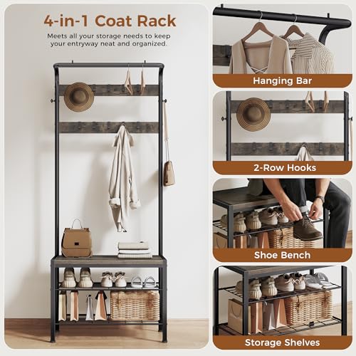 4-in-1 Hall Tree Entryway Organizer with Shoe Bench and 10 Storage Hooks