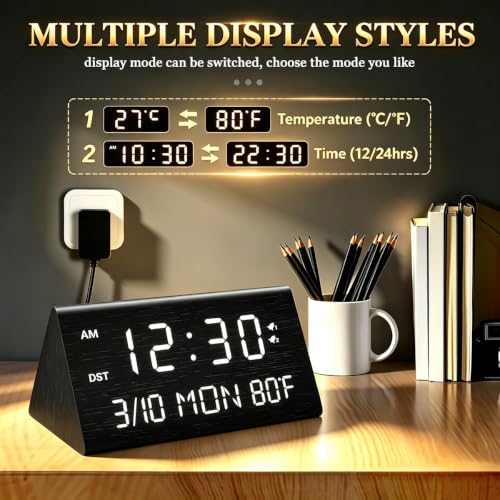 Wooden Digital Alarm Clock with Dual USB Charging Ports and Dimmable LED