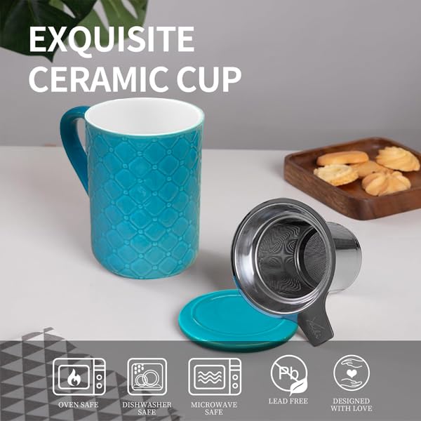 Yachi Blue 19oz Ceramic Coffee Mug with Infuser & Lid – Microwave & Dishwasher Safe Tea Cup