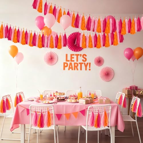 15 Pcs Hot Pink and Orange Tissue Paper Tassel Garland Party Decoration