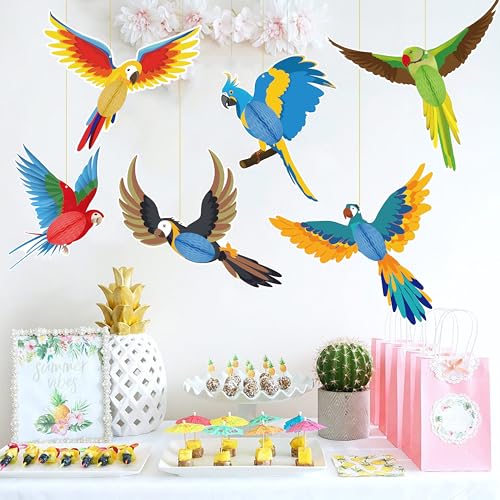 6-Piece Tropical Bird Honeycomb Hanging Decorations for Luau Party