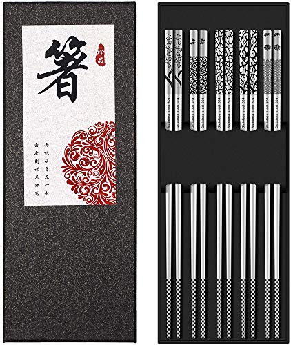 Reusable Stainless Steel Chopsticks Set, 5 Pairs Non-Slip Metal Flatware