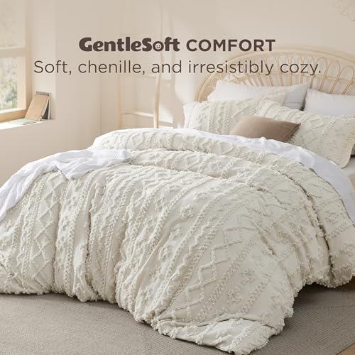 Bedsure Boho Tufted Queen Duvet Cover Set - 3 Piece Soft Beige Bedding Set