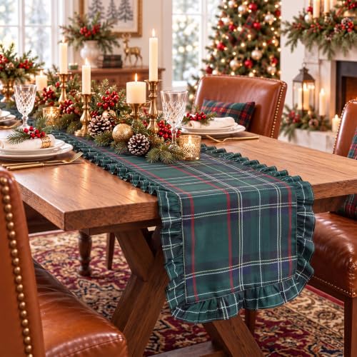 Moukeren 2-Pack Christmas Tartan Plaid Table Runners with Ruffle - Farmhouse Style, 16x70 Inches