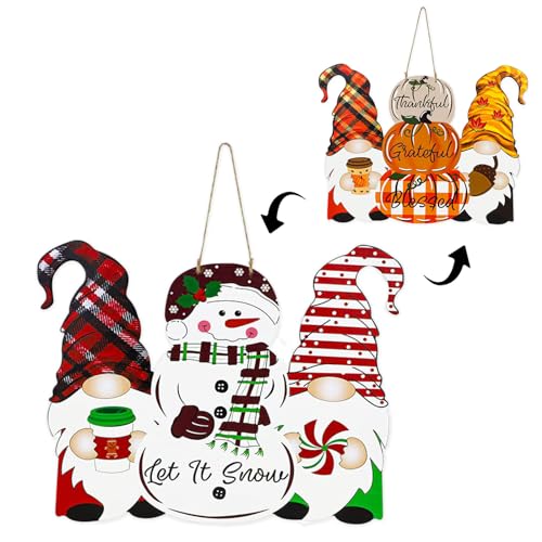 Reversible Thanksgiving & Christmas Door Sign Gnome Welcome Wall Decor