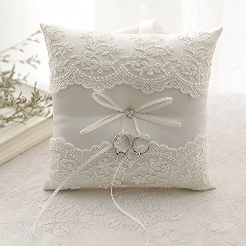 Ivory Satin Pearl Wedding Ring Pillow 8-Inch Square Ring Bearer Cushion