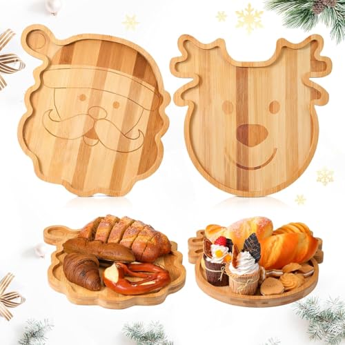 Santa & Reindeer Charcuterie Board Set – 2pc Bamboo Serving Trays