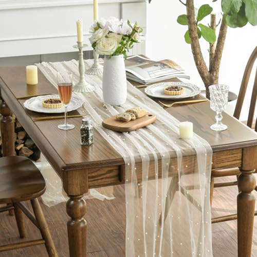 Pearl Beige Gauze Table Runner 120 Inch - Sheer Wedding & Party Decor