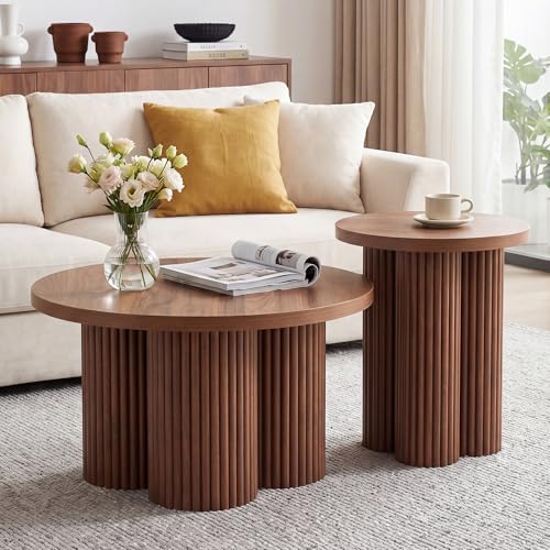 Round Nesting Coffee Table Set of 2, Fluted Wooden Tables for Small Spaces