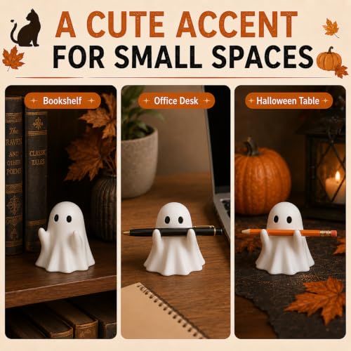 OFDNE Halloween Ghost Pen Holder Figurine – Resin Cute Decor for Spooky Home & Office