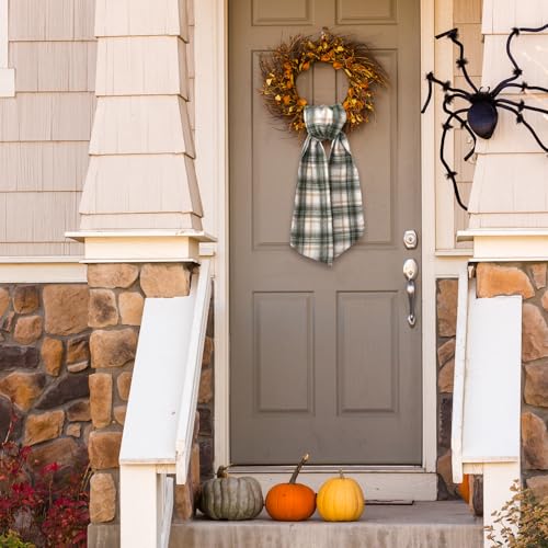 Green & White Buffalo Plaid Christmas Wreath Sash for Front Door Decor