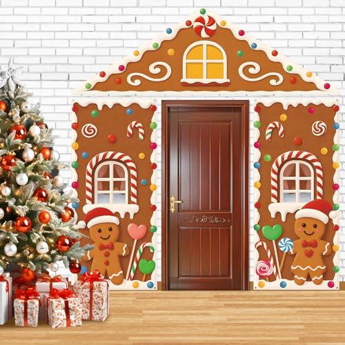 Christmas Gingerbread House Door Cover Decorations - Holiday Backdrop for Xmas Party & Photography
