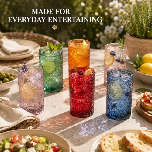 Khen Multicolor 6-Pack 14oz Shatterproof Acrylic Highball Glasses Set with Hobnail Beaded Design