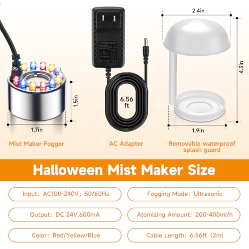 Ultrasonic Mist Maker Fogger with 12 LED Lights and Splash Guard