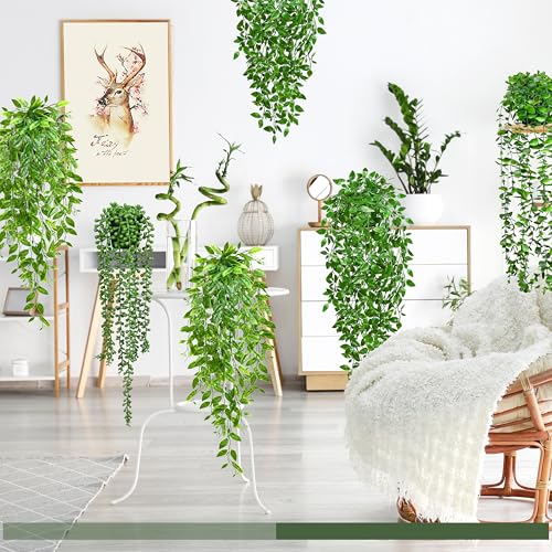 4 Pack Artificial Hanging Plants with Pots, UV Resistant Faux Greenery Set