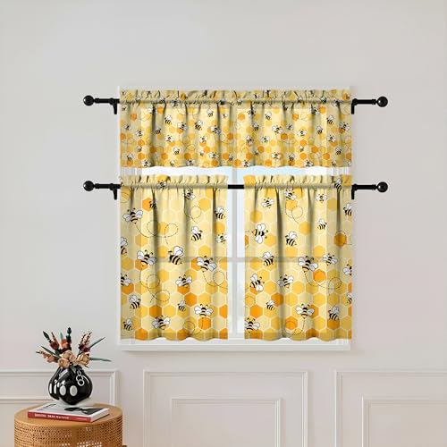 Bee Kitchen Curtains and Valances Set - 3pcs Light Filtering Drapes 27.5x36 inch