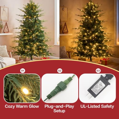 7FT Prelit Blue Spruce Christmas Tree - Slim Artificial Xmas Tree with Warm White LED Lights