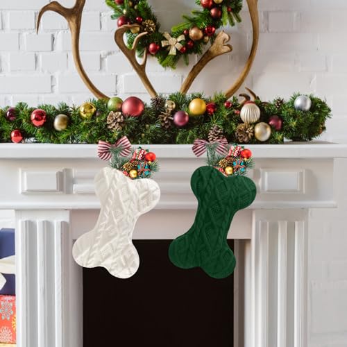 Doitory White-Green 2-Pack Large Knit Dog Christmas Stockings Bone Shape Holiday Decor