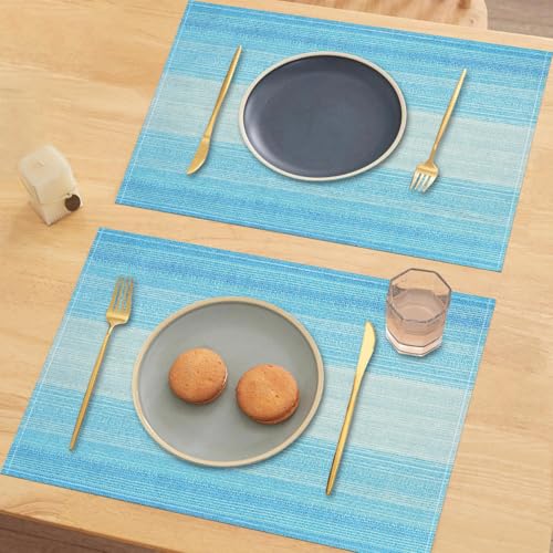 Washable Linen Placemats Set of 4 - 12" x 18" Blue Farmhouse Table Mats