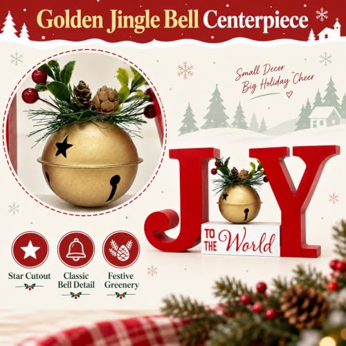 Joy to the World Wooden Christmas Decor Sign with Bell, Farmhouse Red