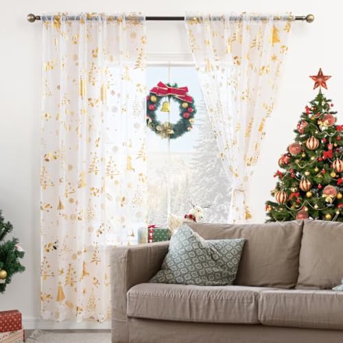 Karseteli Christmas Tree Gold Foil Curtains 2 Panels 52W x 63L White (Pack of 2) Rod Pocket