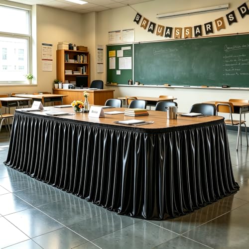 6ft Black Satin Table Skirt, Wrinkle-Free Pleated Spandex for Party Decor