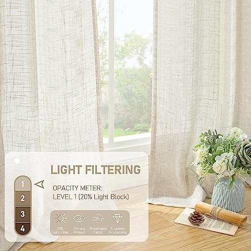 Ivory Semi Sheer Linen Curtains 84 Inch - Light Filtering Drapes (Set of 2)