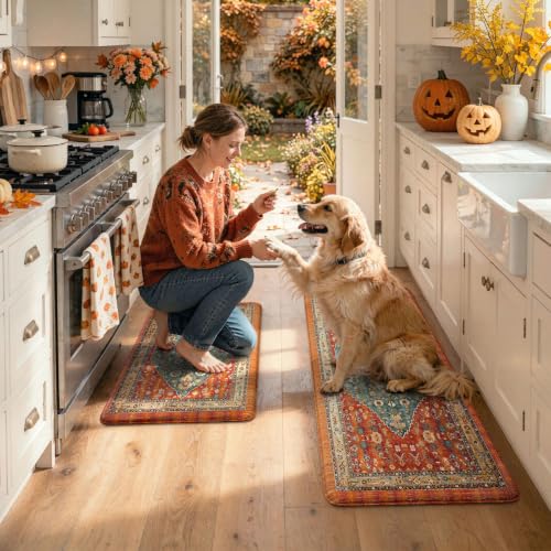 Boho Kitchen Mat Set of 2, Cushioned Anti-Fatigue Floor Rugs