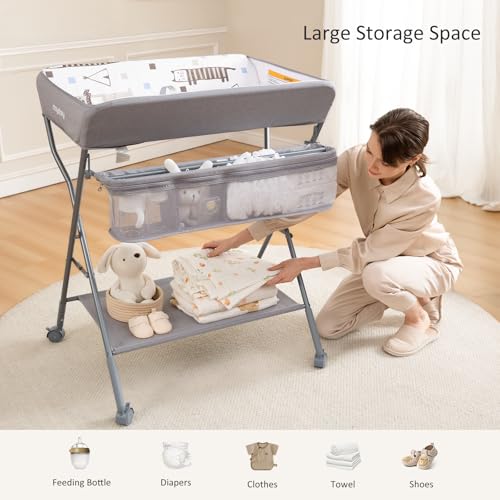 Portable Baby Changing Table with Wheels - Adjustable Height Diaper Station