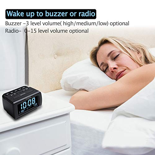 Digital Alarm Clock Radio for Bedroom with USB Charger & Temperature